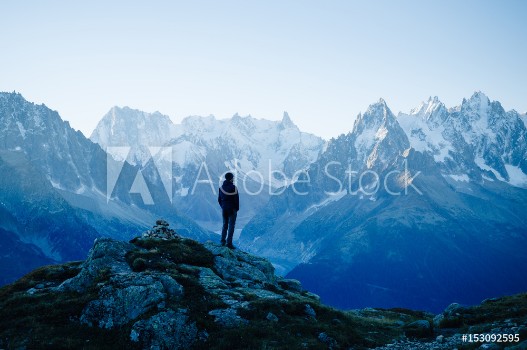 Picture of Man looking at the mountains near Chamonix France Old film style